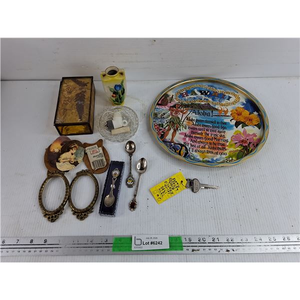 Souvenir Spoons, Serving Platter, 1985 Celica Key, Mini Vase, Misc