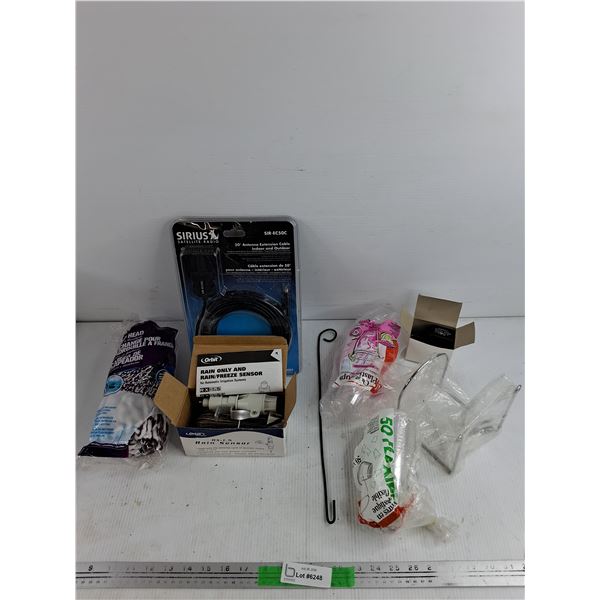 Rain Sensor, Sirius 50' Antenna Extension Cable, Mop Head, Plastic Cups, Misc