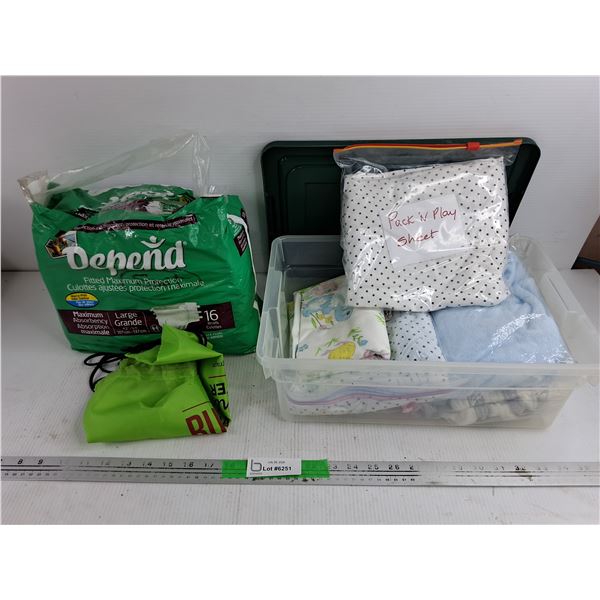 Diapers, Sack Bag, Plastic Container & Assorted Fabric