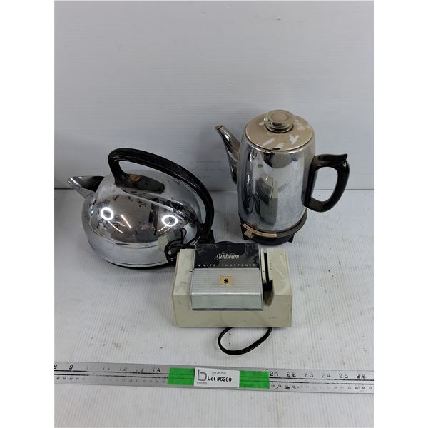 (2) Vintage Electric Kettles, Sunbeam Knife Sharpener - As Is