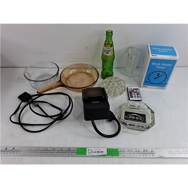 Block Heater Timer, Glass Frying Pan, Canady Dry Bottle, Ash Tray, Glass Frog, Misc