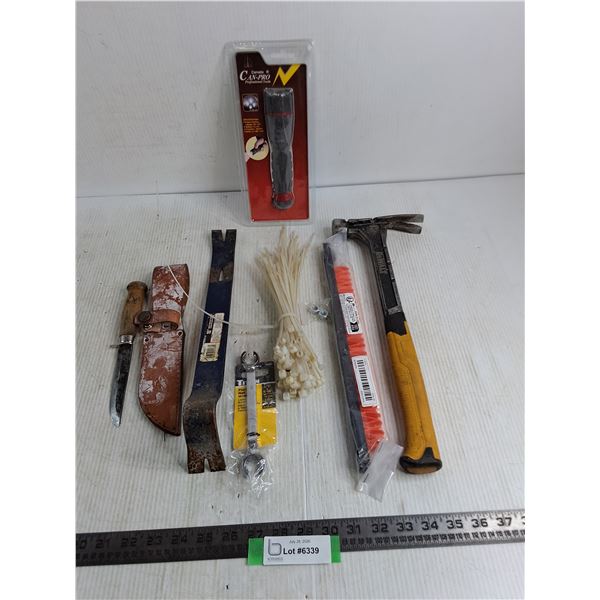 Dewalt Roofer Hammer, Flashlight, Titan, Prybar, Hunting Knife, Parts Holder, Vinyl Ties