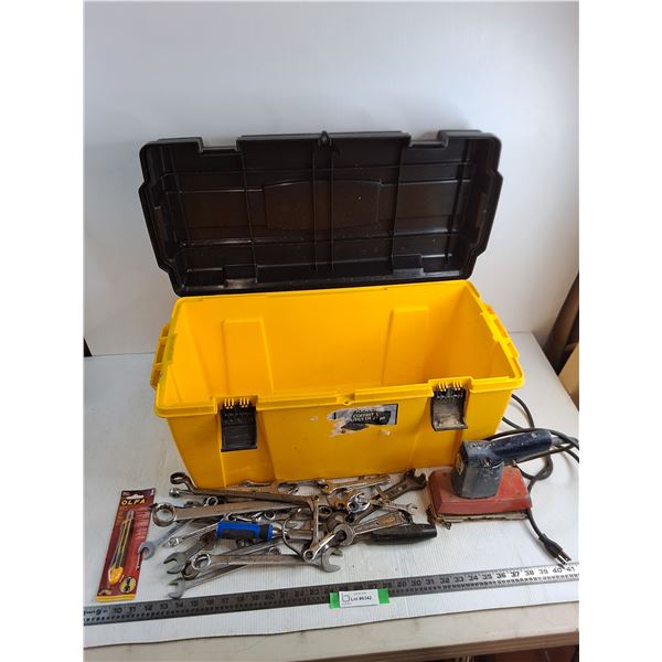 26x14x14" Tool Box w/Assorted Wrenches, Working Stanley Sander, NIB Olfa Razor Blade Knife, Chisels