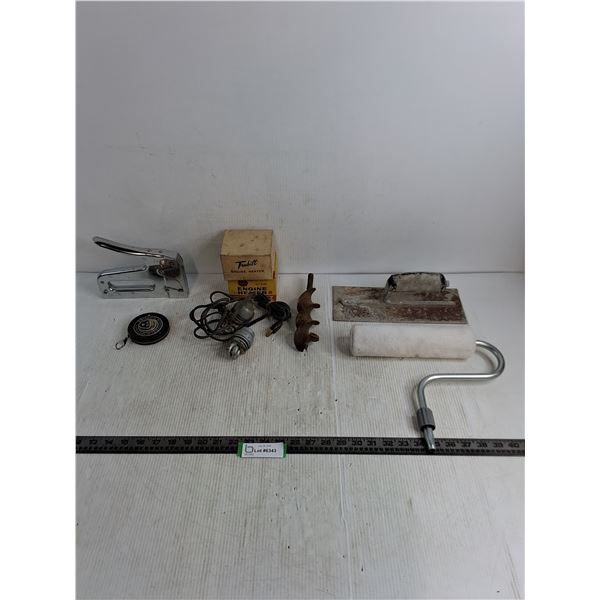 HD Stapler, 25' Tape Measure, Engine Heaters, Large Drill Bit, Paint Roller, Mudding Trowel