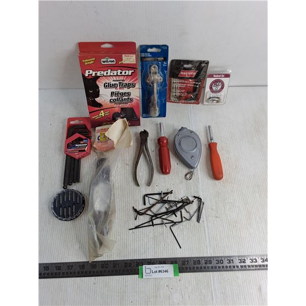 Glue Mouse Traps, Door Holder, Hex Key Set, Bottle Cap Fish Hook, Drivers, Chalk Line, Cord Holder