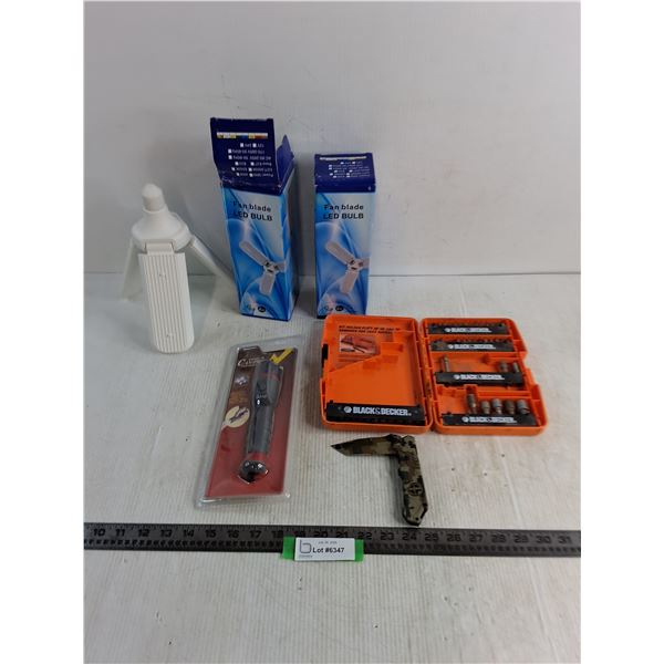 LED Fan Blade Bulbs, Flashlight, Rangers Survival Jack Knife, Black & Decker Bit Set - Partial