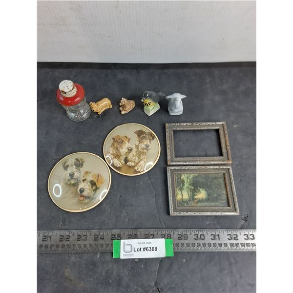 Vintage Miniature Pictures & Frames, Porcelain Tea Ornaments, Bottle
