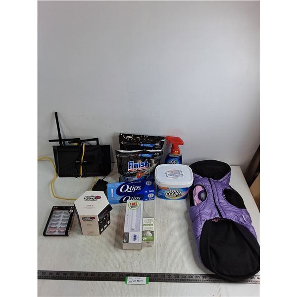 Netgear Router - Powers On, Dishwasher & Laundry Tabs, Dog Jacket, Q-Tips, UV Light, Gellie Bean Kit