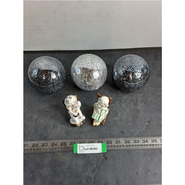 (3) Cracked Glass Orb Ornaments, "Rocking Chair Couple" Ornaments