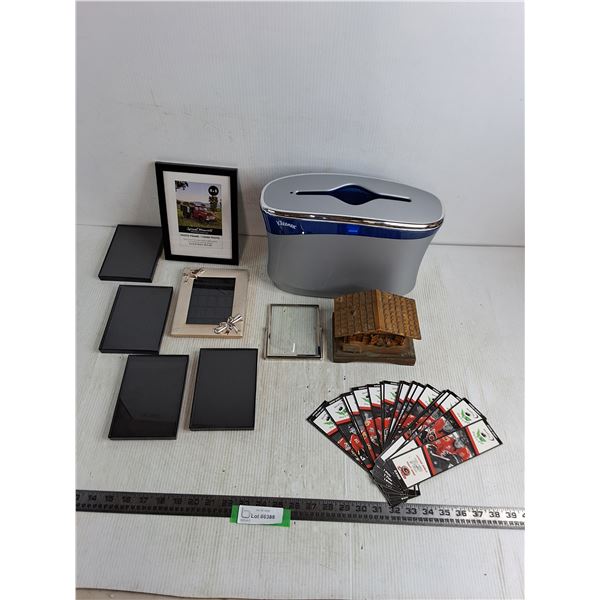 Kleenex Dispenser, Assorted Picture Frames, Swiss Musical Cabin, Calgary Flames Book Marks