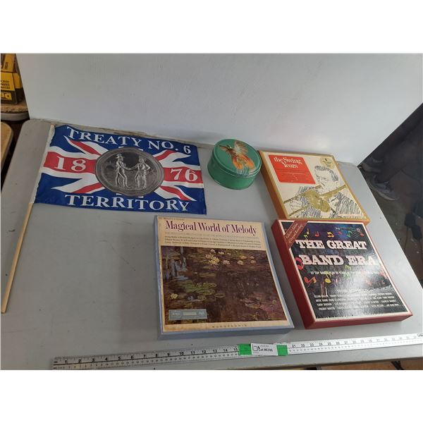 Treaty No. 6 Territory Flag 18.25" Wide, Bird of Paradise Tin, Empty Record Cases