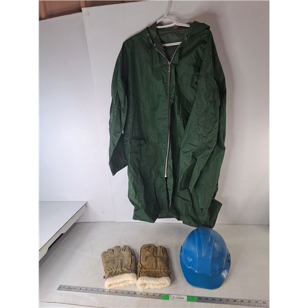 Adjustable Hard Hat, Raincoat & Winter Work Gloves- Both Approx. L