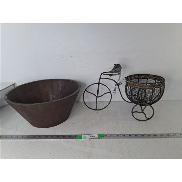Metal Bicycle Planter & Wooden Bowl 14" Diameter