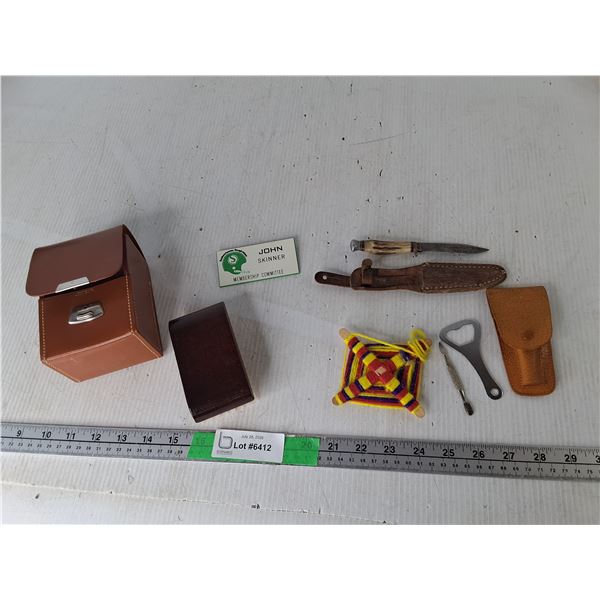 Pocket Knife with Sheath, Bottle Opener, Wooden Brush, Misc.
