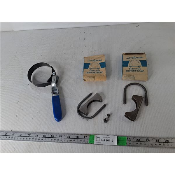 (2) Saddle Type Muffler Clamps & Oil Filter Wrench