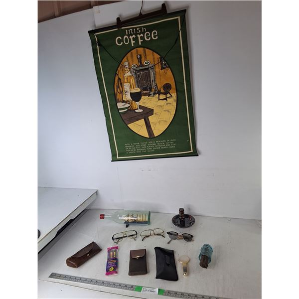 Totem Pole Ashtray, Model Ship in a Bottle, Irish Coffee Wall Tapestry 28" x 18.5", Misc.