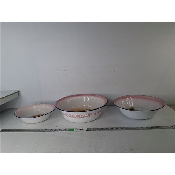 (3) Floral Enamelware Basins Up to 13.5"