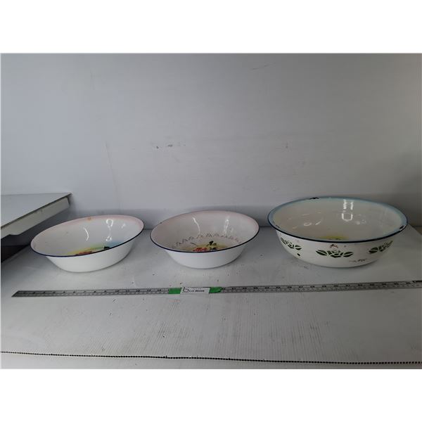 (3) Floral Enamelware Basins Up to 13.5"