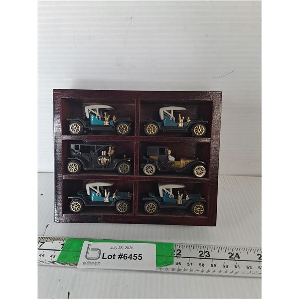(6) Vintage Style Model Cars 1:64 Scale & Display Shelf
