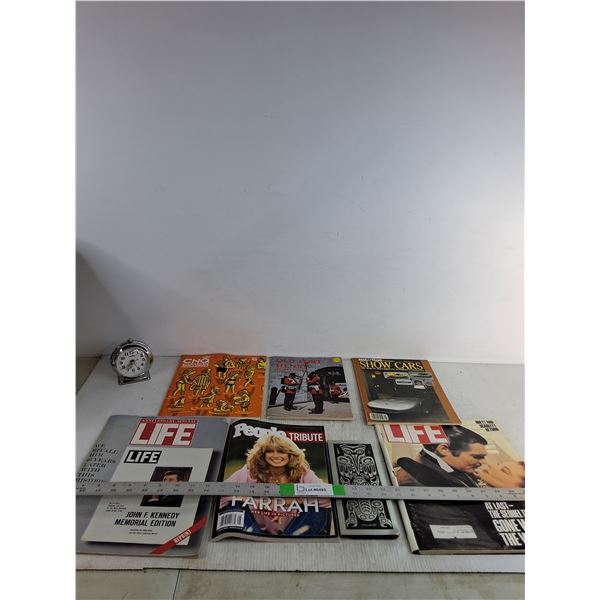 (6) Magazines, Alarm Clock, Wall Decor, Misc