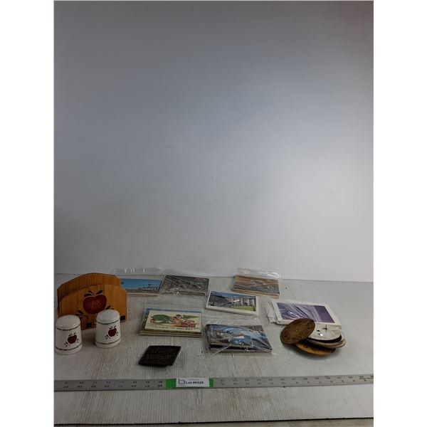 Salt & Pepper Shakers & Holder, Belt Buckle, Postcards, Misc