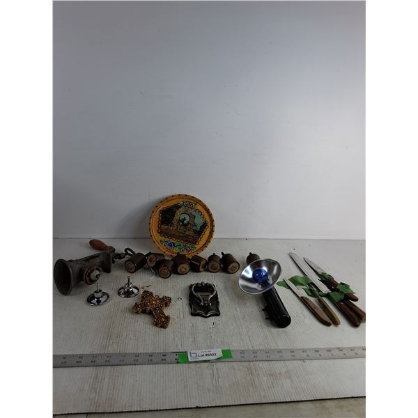 Vintage Meat Grinder, Door Knocker, Furniture Legs, Knives, Misc