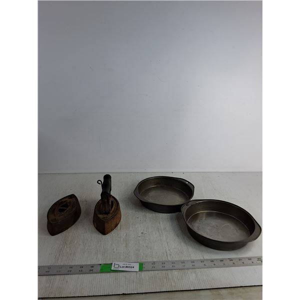 Antique Taylor Forbes Cast Iron Sad Iron, (2) Tin Baking Pans