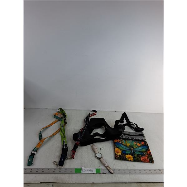 (3) Lanyards, Quartz Watch ( as is), Brace, Purse, Misc