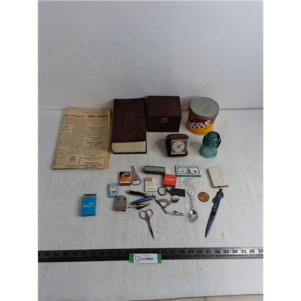 Promotional Trinkets, Containers, Tin, Lighters, Blue Glass Insulator, Misc.