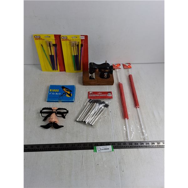 Holly Hobbie Sewing Machine, Sealed Paint/Shop Brushes, Wind-up Mask, Bird Cards, Canadian Flags