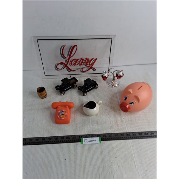 "Larry" Sign, Piggy Bank, Replica Cars, Ornamental Strawberry Tree, Misc.