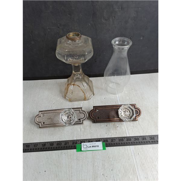 Repaired Oil Lamp, Chimney, Vintage "Diamond" Door Knob Sets