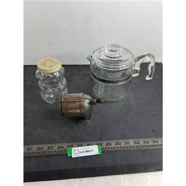 Pyrex Coffee Pot, Kraft Bear Jar, Vintage Boston Pencil Sharpener