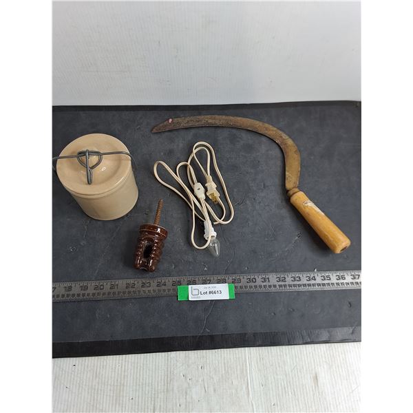 Sickle, Ceramic Mount Ornament, Stoneware Sealer Crock, Electric Lamp - Working