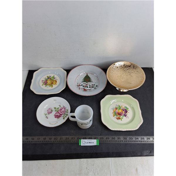 Vintage Fine China Plates, "Wet-Look" Raised Platter, "Tuesday's Child" Coffee Mug - Crack