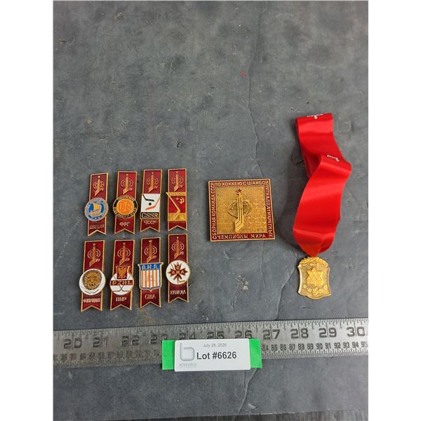 Set of 9 Soviet Union Hockey Tournament Pins from 1979, Canada Centennial Medallion on Ribbon