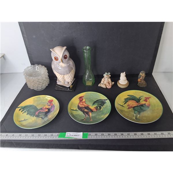 Owl Figurines Up to 9.5", Glass Sherbet Bowls, Decorative Rooster Plates 8", Misc.
