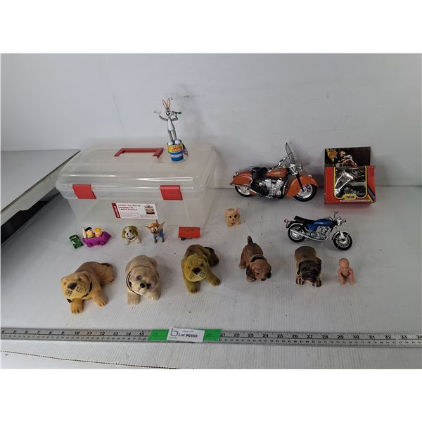 Dog Bobbleheads, Model Motorcycles- Some Sound Effects, Plastic Storage Case, Misc.
