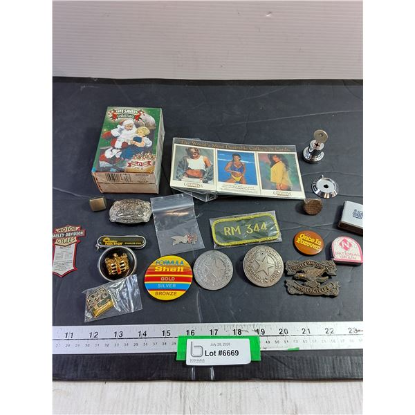 Assorted Pins, Vintage Lifesaver Box, Collector's Cards, Misc