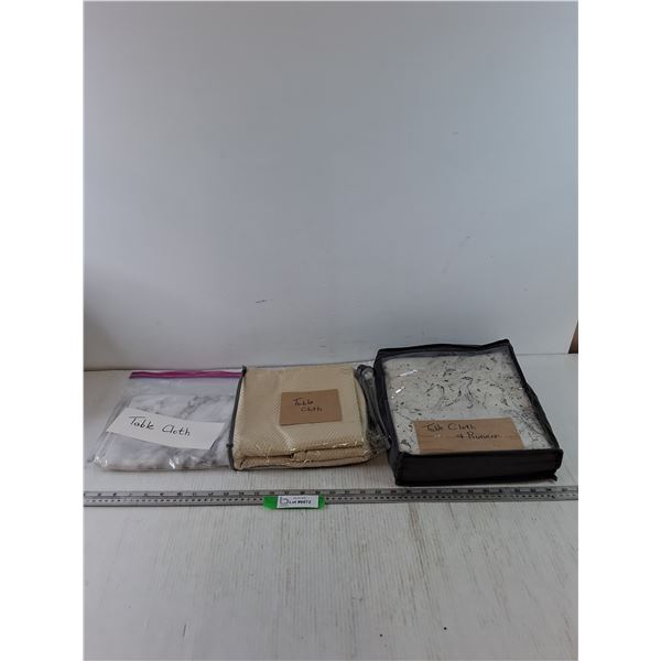 (3) Table Cloths, (1) with Runner, 72" x 48", 49" x 72", and 35" x 44" with 29" x 29"