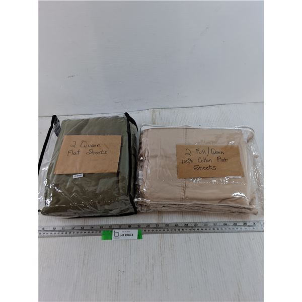 (2) Queen Flat sheets, (2) Full/Queen 100% Cotton Flat Sheets