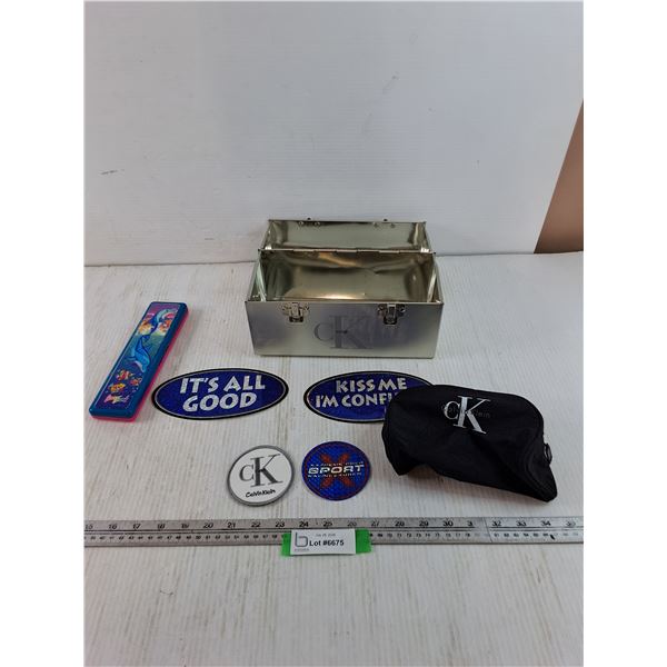 Calvin Klein Patch, Metal Container, Carry Bag, (3) Stickers, Lisa Frank Pencil Case