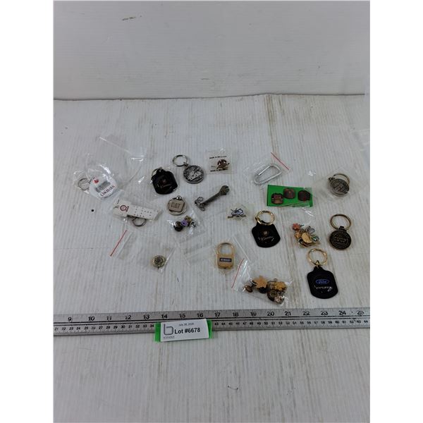 Assorted Keychains, Molson Bottle Opener, Meacham Co-Op, Ford, Cadillac, Shell, CAT, Misc