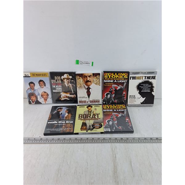 Assorted Movies, (2) Rolling Stones 1 Sealed, Borat, Bob Dylan, Moody Blues, House of Saddam