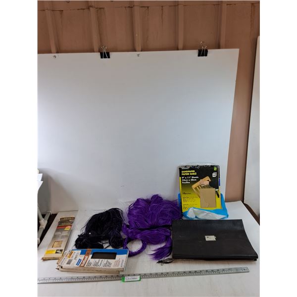 (2) Wigs, (3) Open Drywall Packs, (1) Sandpaper Pack, (1) Documents Briefcase