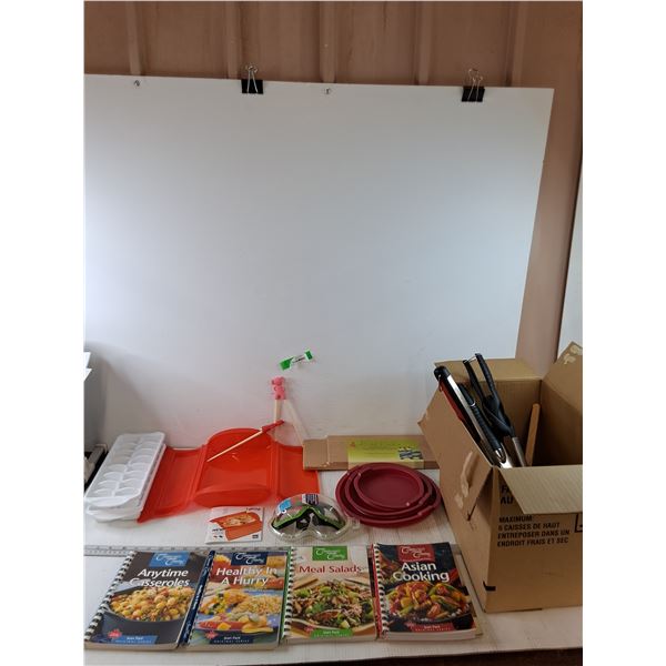 Assorted Kitchenware, Cookbooks, Onion Mask, BC Grilling Planks, Ice Trays, Spatula, Misc