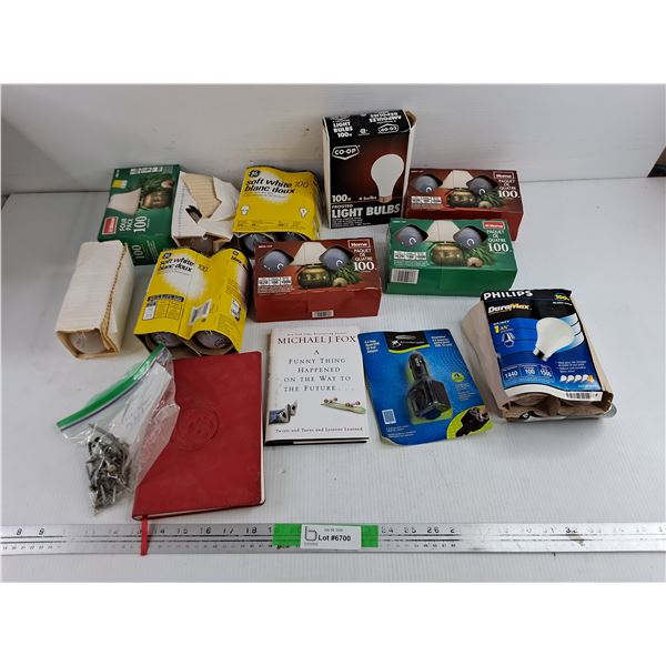 Assorted Light Bulbs, 12V Adapter, Notebook, Screws
