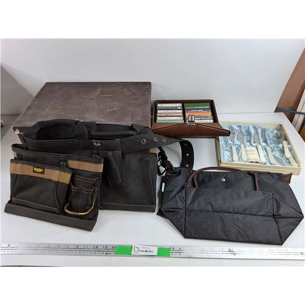 Kunys Leather Belt, Purse, Assorted Tapes, Cutron Cutlery Set, Misc