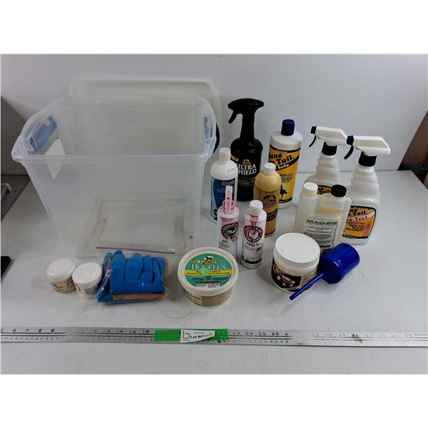 Assorted Horse Care Supplies & Plastic Container - PICKUP ONLY