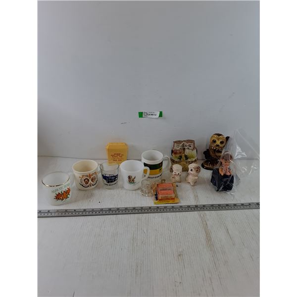 Ram salt & Pepper Shakers, (2) Owl Figurines, (4) Coffee Cups, Irish Setter, Saskatchewan